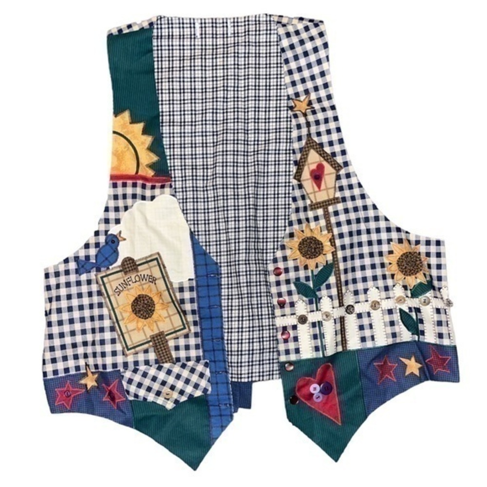 Vintage 90s Handmade Teacher Vest Cottage Folk Bird sunflower vest